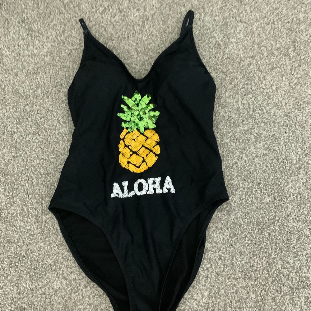 Black “aloha” one piece swimsuit